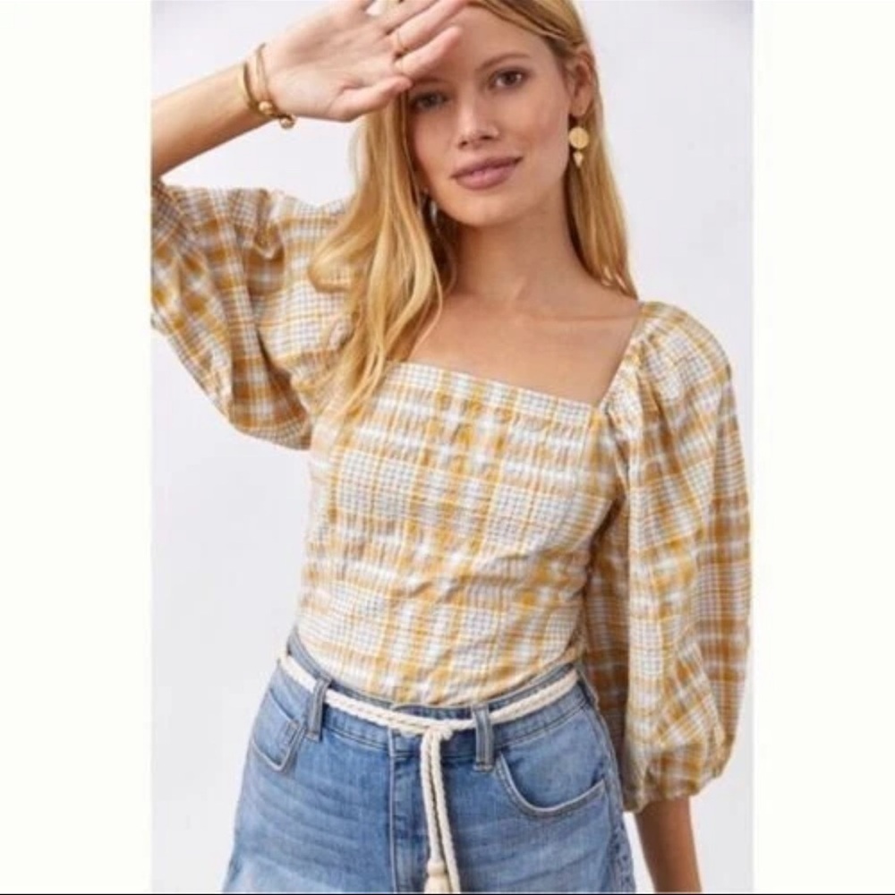 Maeve by Anthropologie Plaid Puff Sleeve Smocked Top Cottagecore Yellow Gingham